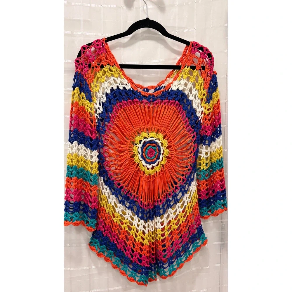 Rainbow Crochet Sunburst Mandala Top Boho Festival Long Sleeve Multi Color